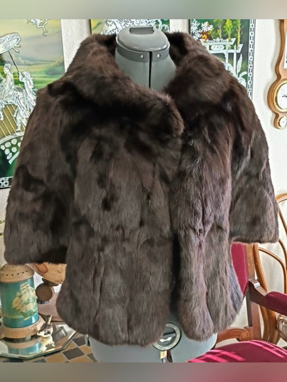 Vintage Dark Brown Fur Capelet Coat
